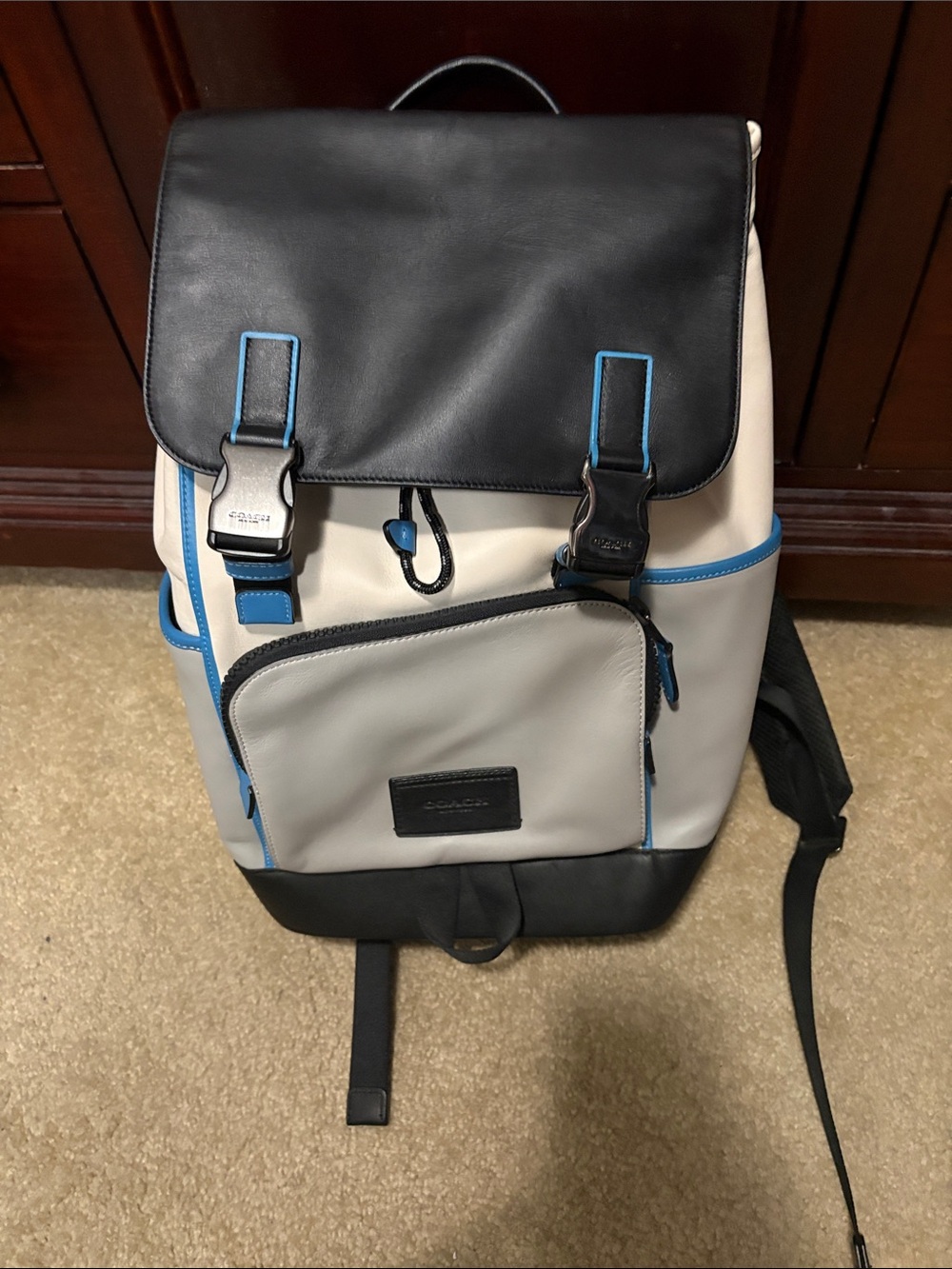 Coach Men’s Grey Backpack with Black Flap and Blue Trim - Picture 1 of 12